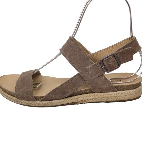 Lucky Brand Gadine Espadrille Sandals Suede Tan Leather Size 9.5 Boho Buckle - Picture 4 of 8